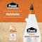 A bottle of Ponal Express wood glue with an orange cap, labeled 'Holzleim,' on an orange background. A clock icon indicates '5 Min.' drying time.