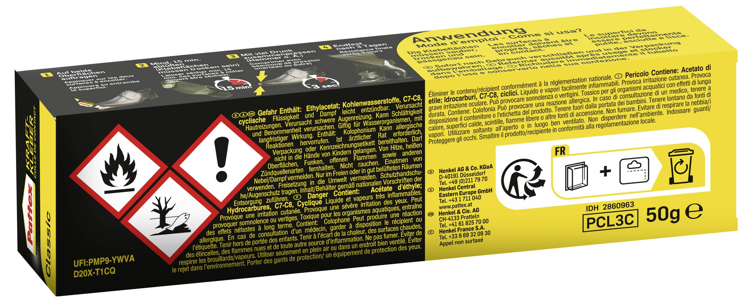 A yellow and black packaging showing hazard symbols: flame, exclamation point, and environmental danger, with instructions in multiple languages.