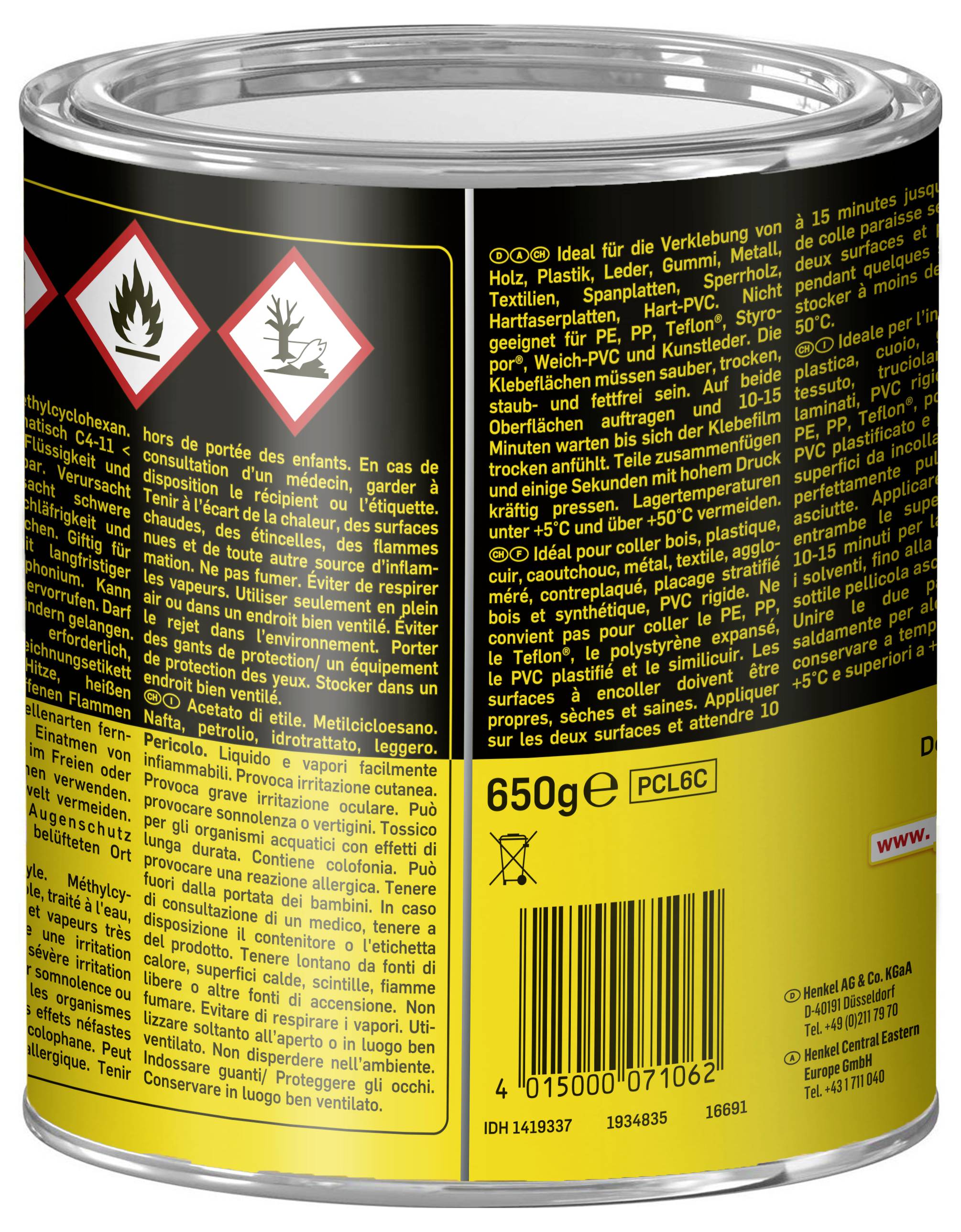 A tin can displays hazard symbols indicating flammability and general warnings in multiple languages. It contains adhesive material, weighing 650g.