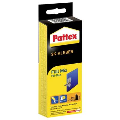 Pattex 2K-Kleber Füll Mix PU-Duo adhesive, ideal for wood, metal, and plastic. Includes 58g and 24.5g components for mixing.