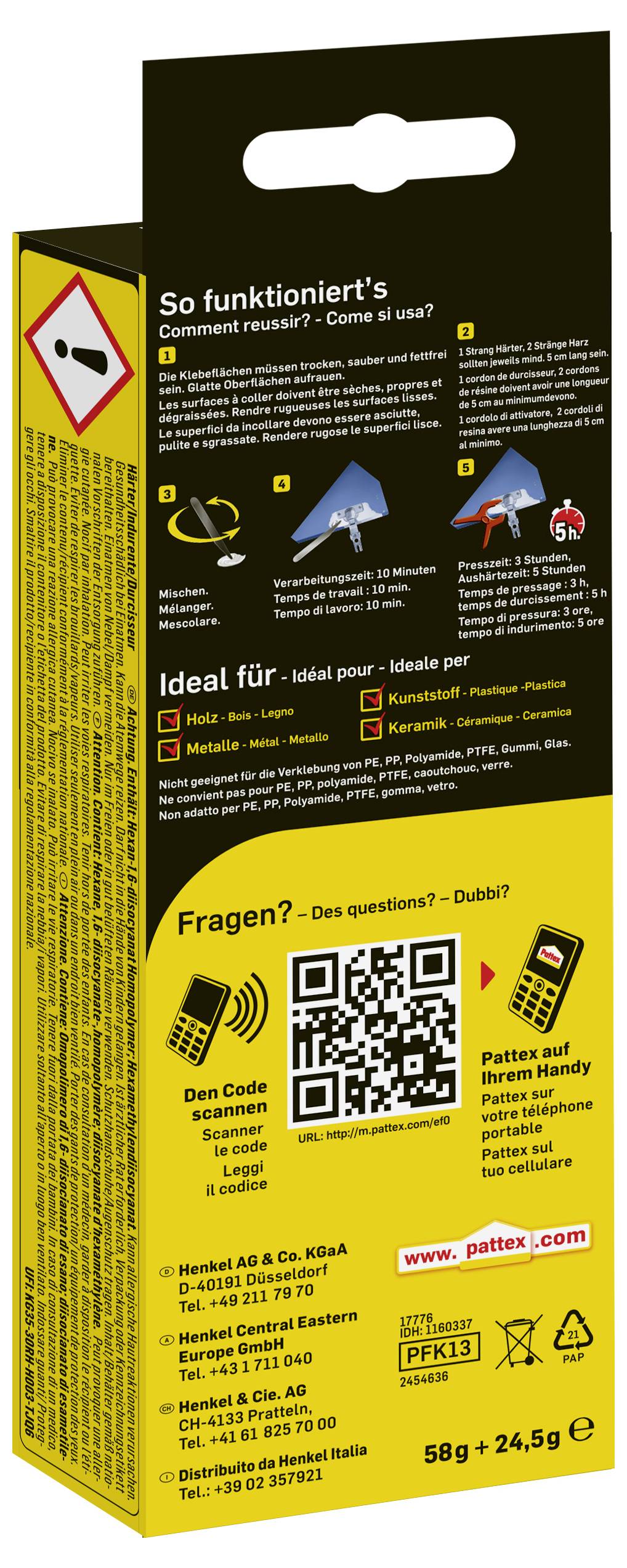 'Pattex Power Tape' adhesive packaging with usage instructions and safety icons. QR code links to additional product details.