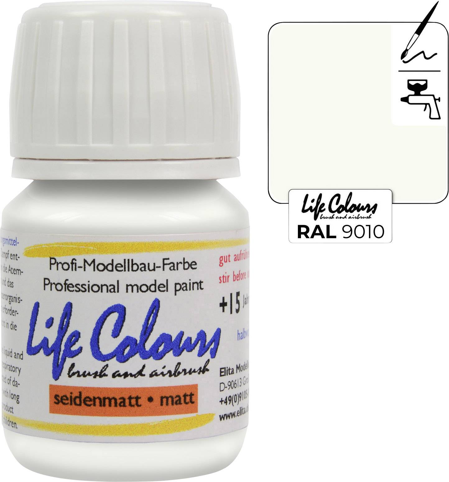 Bottle with the inscription 'Life Colours', professional model paint in RAL 9010, silk matt. Beside the bottle, a colour swatch in white.