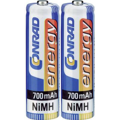 Two blue NiMH batteries with 'Conrad energy' and '700mAh' markings, standing side by side.