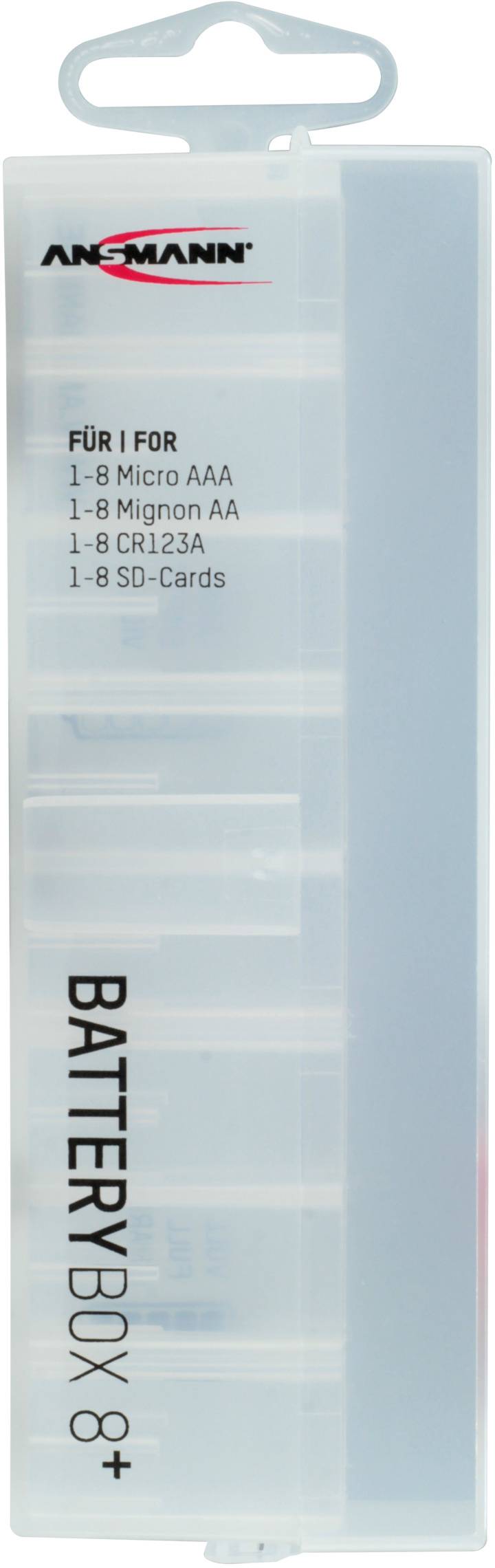 Battery box by Ansmann for storing up to 8 AAA or AA batteries and SD cards.