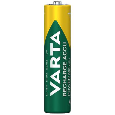 A rechargeable VARTA AA battery, standing upright, with a yellow-green design and the text 'RECHARGE ACCU POWER 800mAh'.