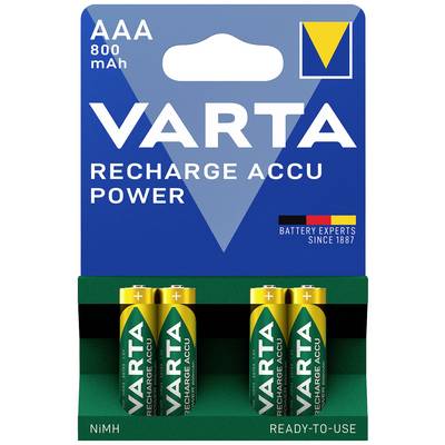 Four rechargeable AAA batteries from the VARTA brand in a package. Label reads: 'VARTA Recharge Accu Power, 800 mAh'.