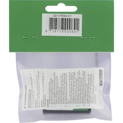 'Packaging with a green upper margin and transparent lower section. Contains product information and a barcode at the top.'