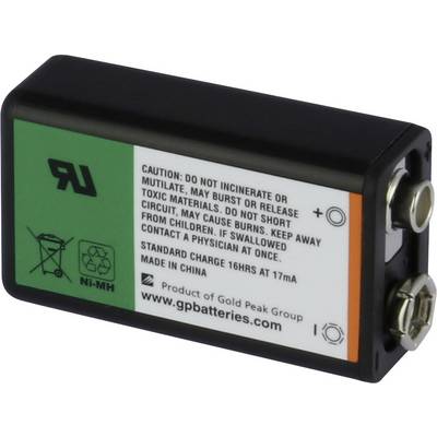A rectangular, rechargeable NiMH battery with safety warnings, including 'DO NOT BURN' and 'NEVER SHORT CIRCUIT'.