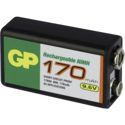 'GP Rechargeable NiMH 170 mAh, 9.6V' battery in rectangular form with terminals on top and label on the front.