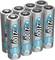 Eight silver AA batteries with blue and black printed markings, arranged standing in two rows. Capacity: 2100 mAh, rechargeable.