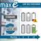 'Maxe' batteries have a lower self-discharge rate and are immediately ready for use. The diagram shows a reduced charging loss over 12 months.