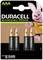'Duracell AAA Rechargeable Batteries 900mAh, four pieces in packaging with brand mascot. '5 Year' guarantee printed.'
