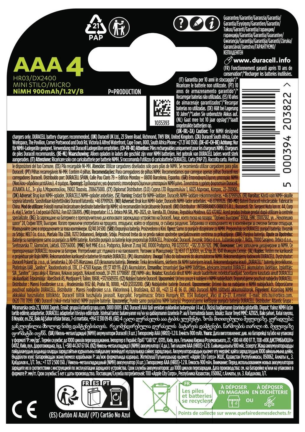 'Duracell AAA 4-pack battery packaging with product details, barcode, and recycling symbols. NIMH 900mAh 1.2V/B specifications shown.'