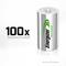 A silver battery with a green 'Energizer Recharge' logo is positioned on the right. On the left, it reads '100x rechargeable'.