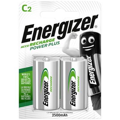 'Two Energizer C2 rechargeable batteries in one pack. Sold as a rechargeable battery with 2500mAh. Contains recycled materials.'
