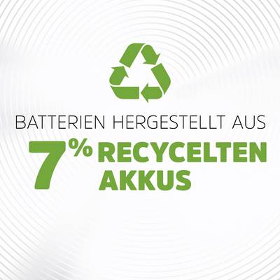 'Recycling Symbol. Text: Batteries manufactured from 7% recycled batteries.'