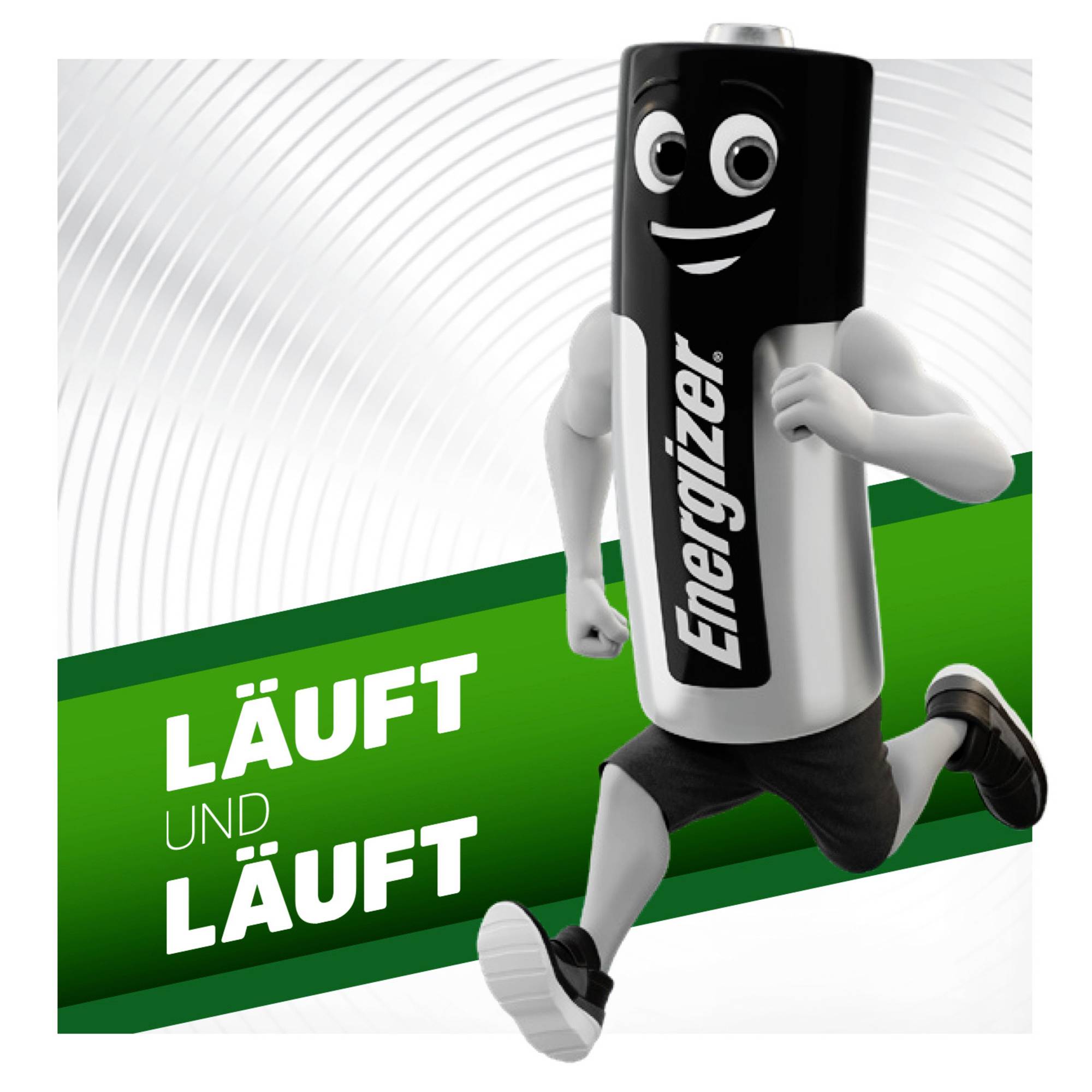 A personified Energizer battery runs dynamically. Text on green background: 'KEEPS GOING AND GOING'. Symbolises endurance.