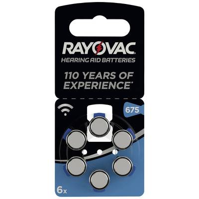 Six hearing aid batteries on a black package with the inscription 'Rayovac' and '110 Years of Experience'. Type 675.