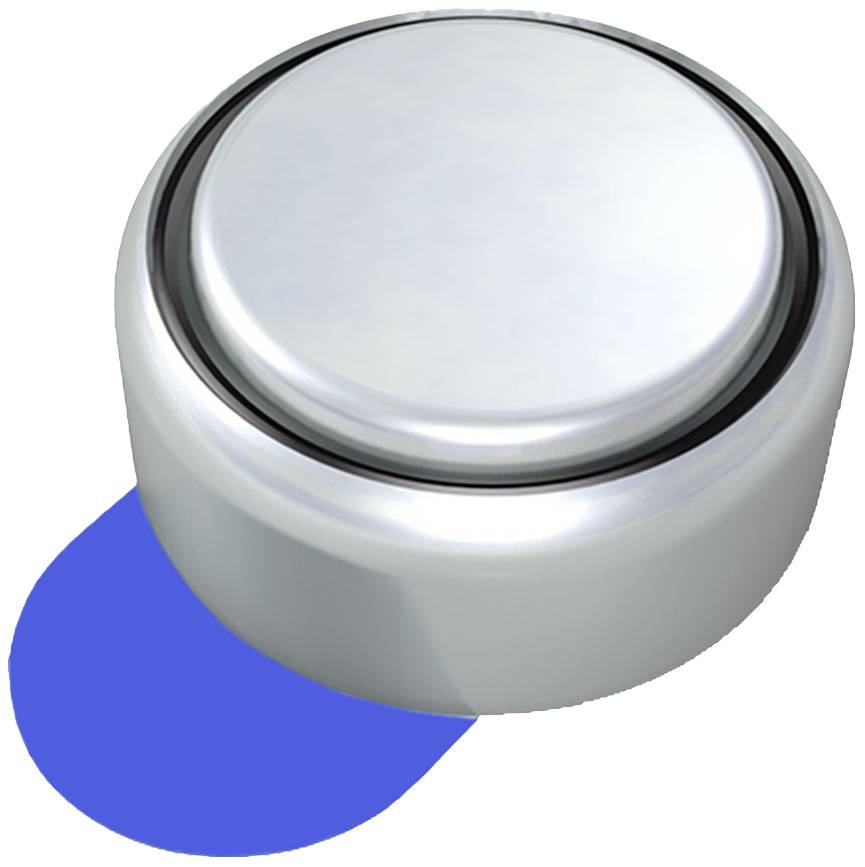 A silver, round metal button with a blue shadow beneath it.