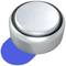 A silver, round metal button with a blue shadow beneath it.