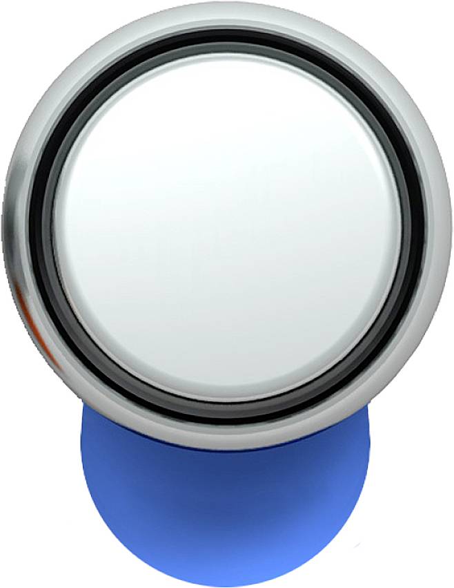 A round, chrome-plated button with a blue shaft, viewed from above.