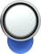 A round, chrome-plated button with a blue shaft, viewed from above.