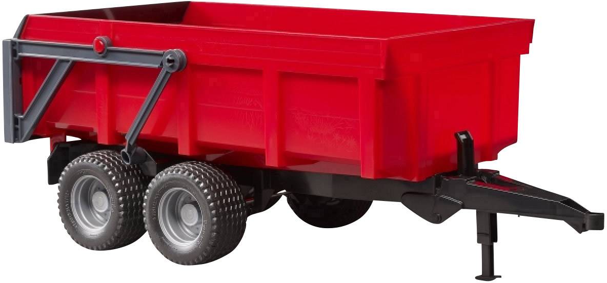 Red trailer with two wheels, made of plastic, ideal for toy tractors.