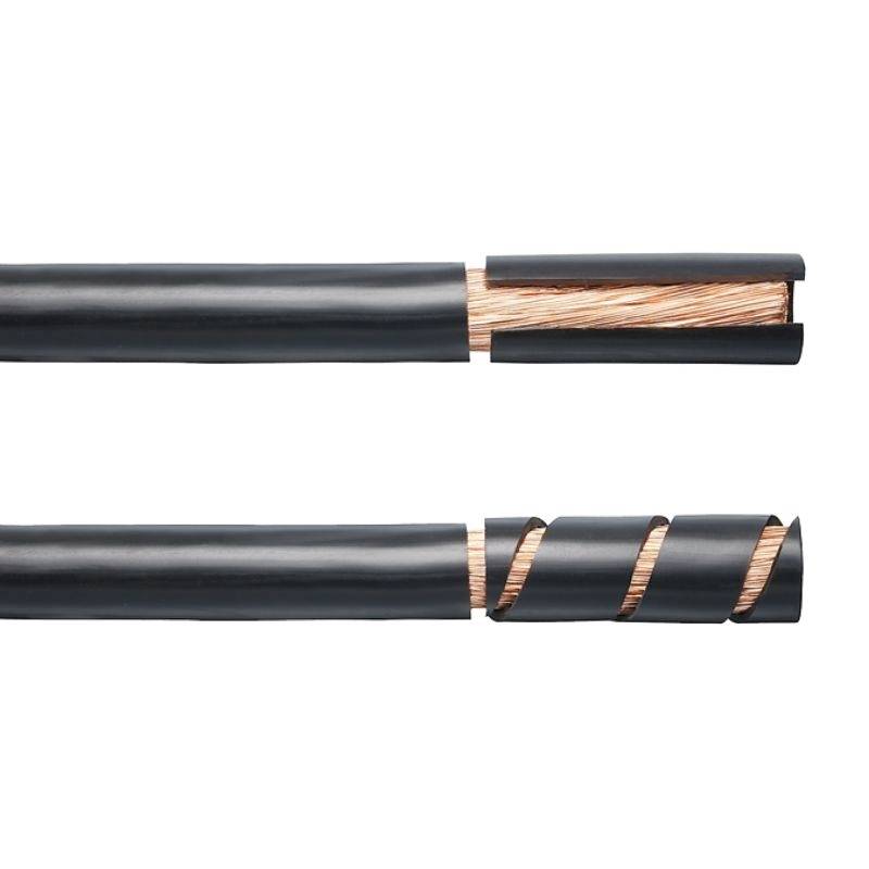 Cross-section of an electrical cable with copper wire inside and black insulation outside, partially removed to illustrate the internal structure.