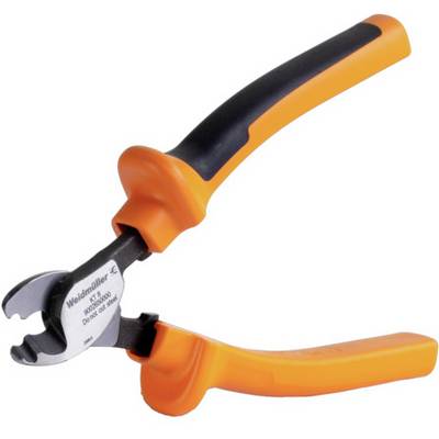 Illustration of an orange cable cutter with ergonomic handles, suitable for cutting wires and cables.