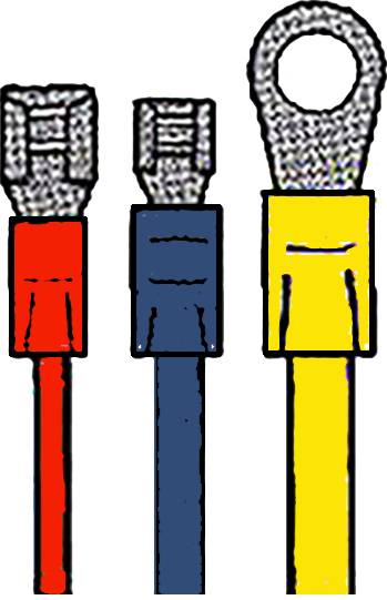 Three isolated cable shoes in different colours and designs: red with flat connector, blue with wide flat connector, yellow with ring terminal.