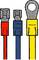 Three isolated cable shoes in different colours and designs: red with flat connector, blue with wide flat connector, yellow with ring terminal.