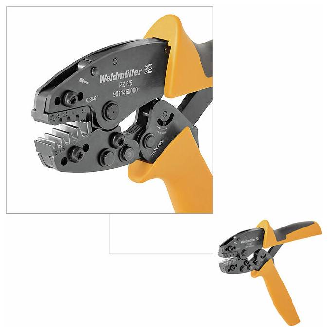 A hand tool with orange handles and multiple settings, labeled 'Weidmüller PZ 6.5', used for crimping electrical connectors.