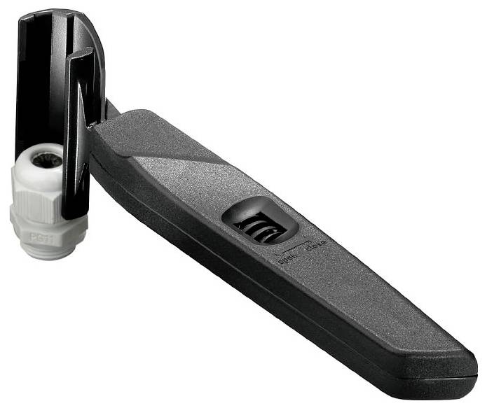 A black security swing handle lock with a cylinder system, featuring a small dial in the center for secure locking, used for cabinets or enclosures.