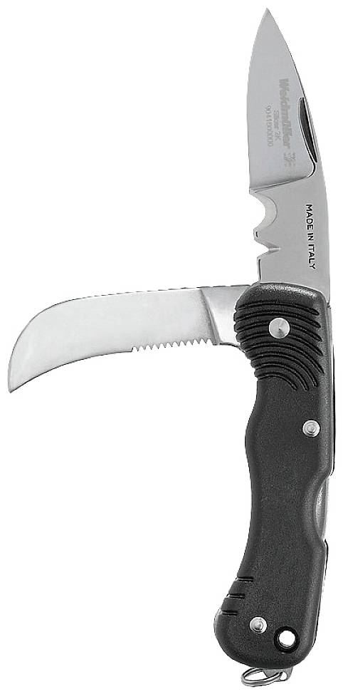 Two open folding knives with black handles, the top one with a pointed blade, the lower one with a curved blade.