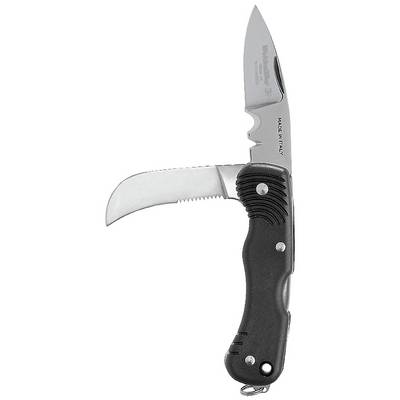 Two open folding knives with black handles, the top one with a pointed blade, the lower one with a curved blade.