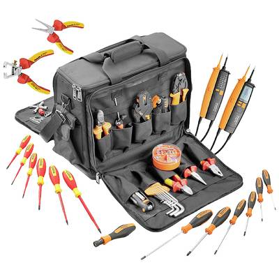 Tool bag with an open compartment, filled with various screwdrivers, pliers, voltage testers and an Allen key set.