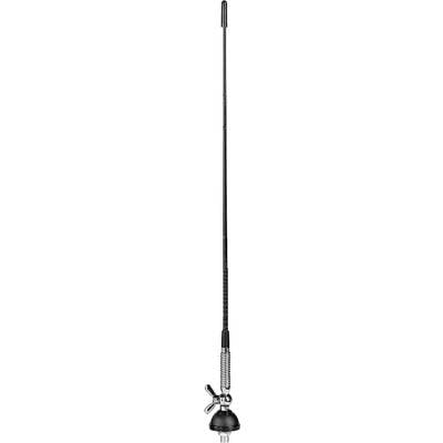 Long black antenna with a feather in the middle and a magnetic base at the bottom.