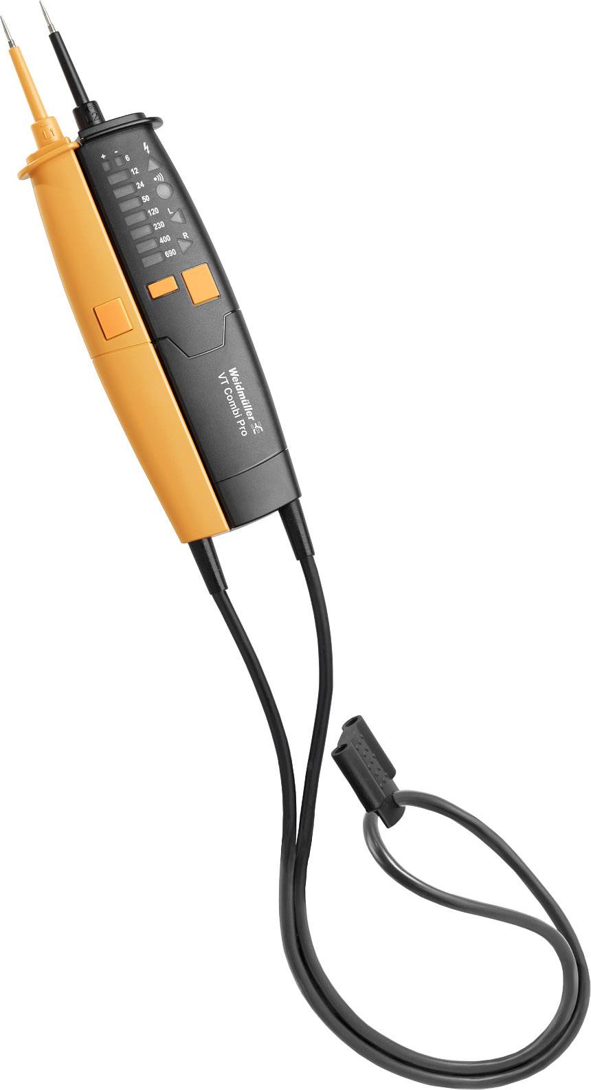 Voltage tester with two test probes, featuring an orange and black handle and a display for indicating voltage readings.