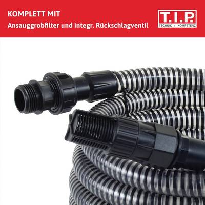 Black suction hose with built-in non-return valve and filter. Text in red field: 'Complete with large intake filter and integrated non-return valve'.