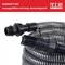 Black suction hose with built-in non-return valve and filter. Text in red field: 'Complete with large intake filter and integrated non-return valve'.