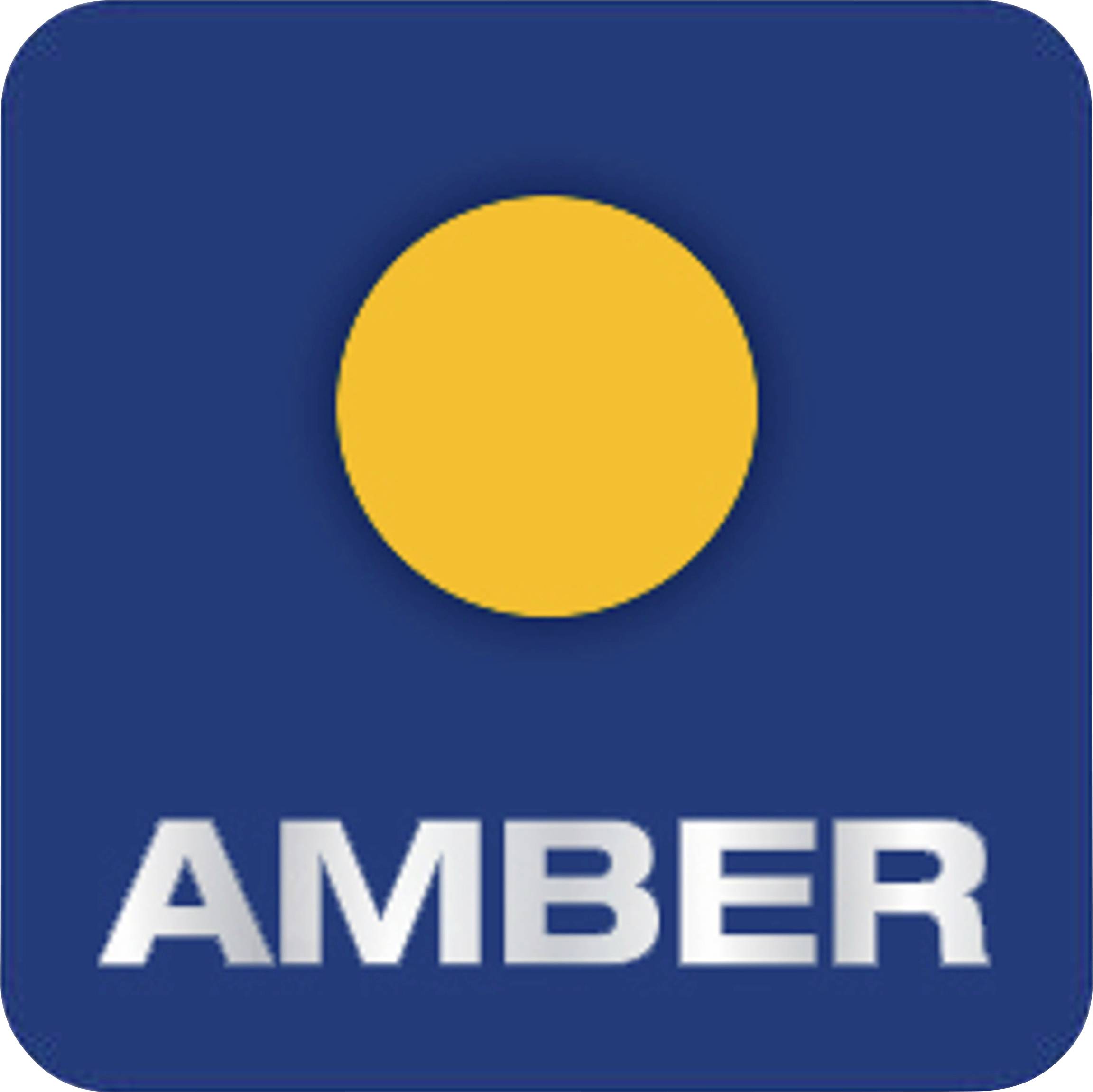 The image shows a square with a blue background, a yellow circle in the centre, and the word 'AMBER' in white text underneath.