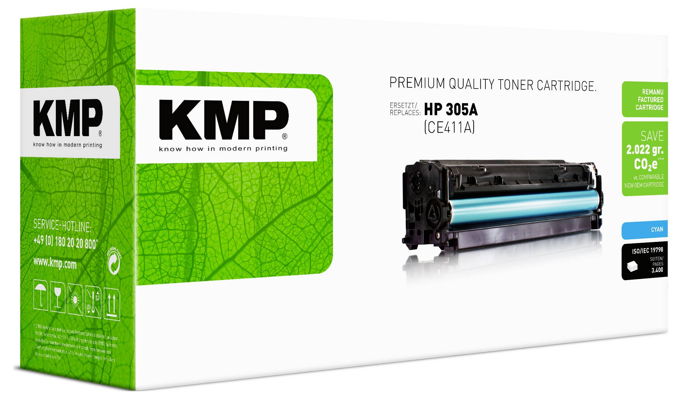 KMP Premium Quality Toner Cartridge packaging for HP 305A (CE411A), shown with a black printer toner cartridge and green box design.<br>