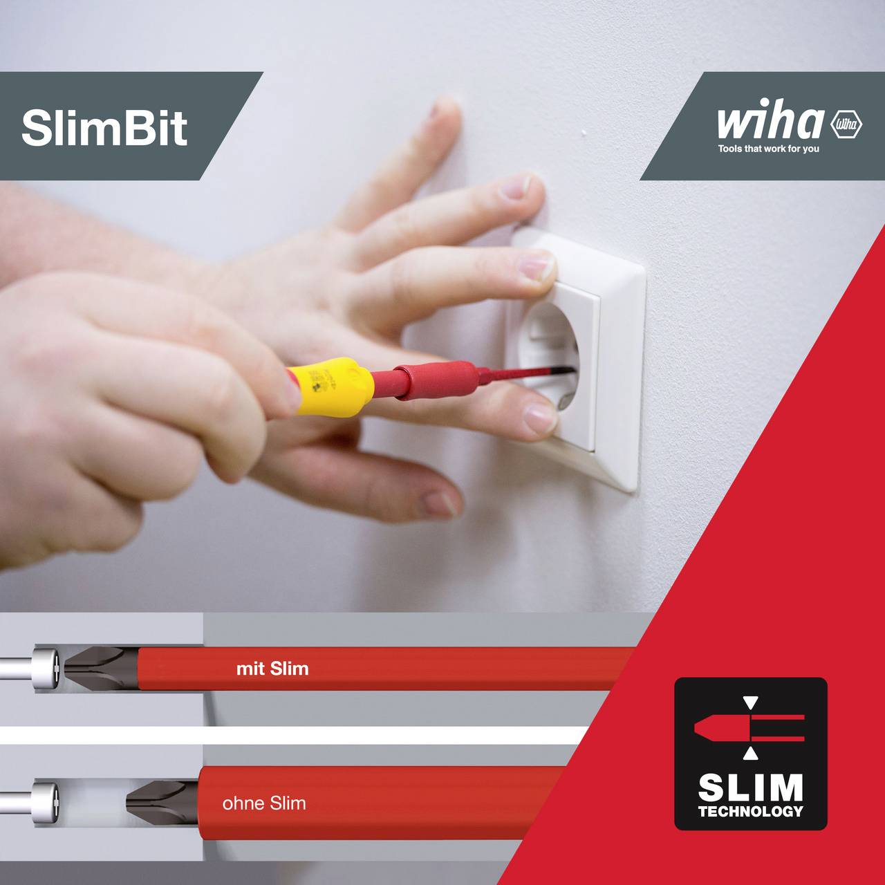 A person is screwing a screw into a power socket using an insulated screwdriver. The screwdriver is a SlimBit by Wiha.