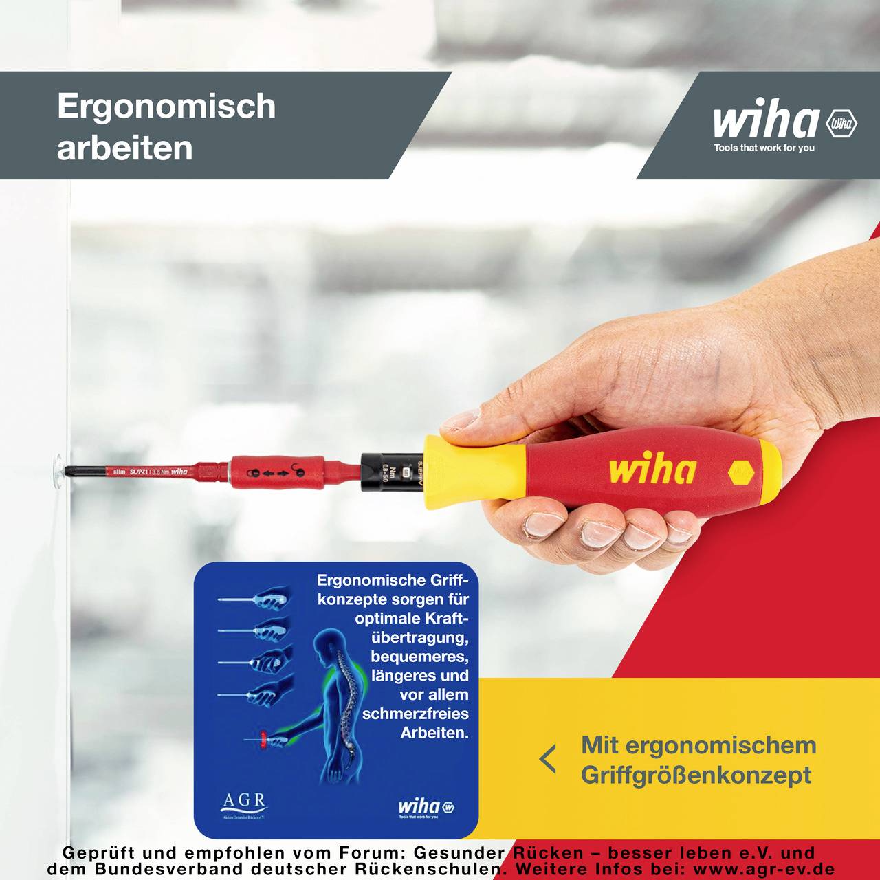 A screwdriver is used to tighten a screw. Text: 'Working ergonomically', 'With ergonomic grip size concept'.