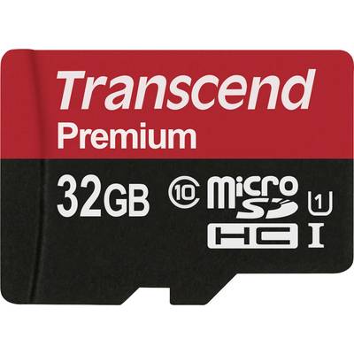 Transcend microSD card, 32GB, Class 10, Premium Edition, with red and black design elements and specifications.