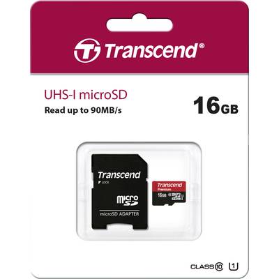'Transcend UHS-I microSD, 16GB, up to 90MB/s, Class 10 with Adapter. Packaging shows card and adapter in plastic holder.'