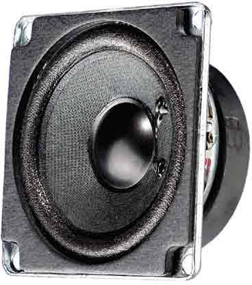 A black speaker with a round protective grille in a rectangular metal casing. Suitable for sound amplification.