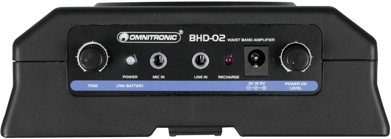 Black Omnitronic BHD-02 amplifier with rotary controls and connections for microphone, line-in, power supply, and charging indicator.
