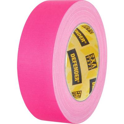 A roll of pink textile adhesive tape by the brand 'Defender', identifiable by its yellow inner surface with the black brand name.