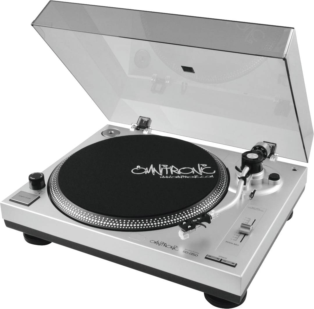 A silver turntable with a transparent lid and a black slipmat featuring the 'Omnitronic' logo.